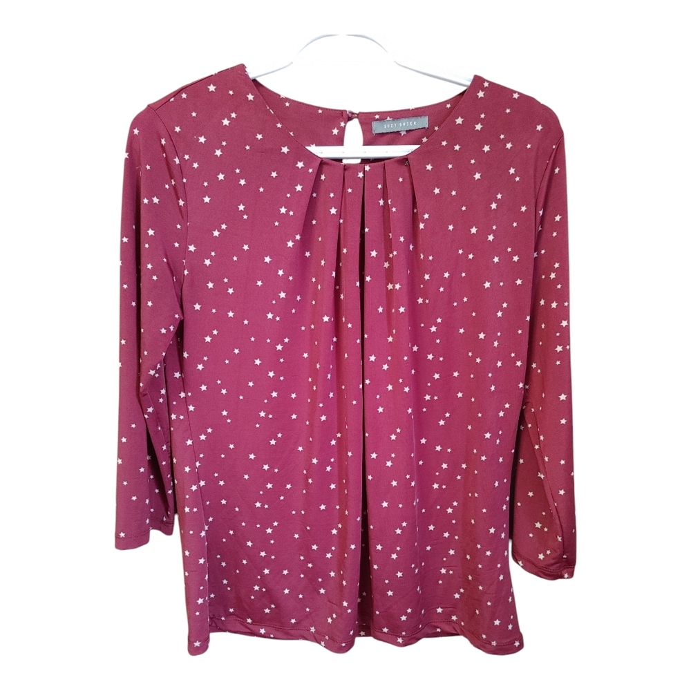 Suzy Shier Burgundy Pleated 3/4 Sleeve Blouse